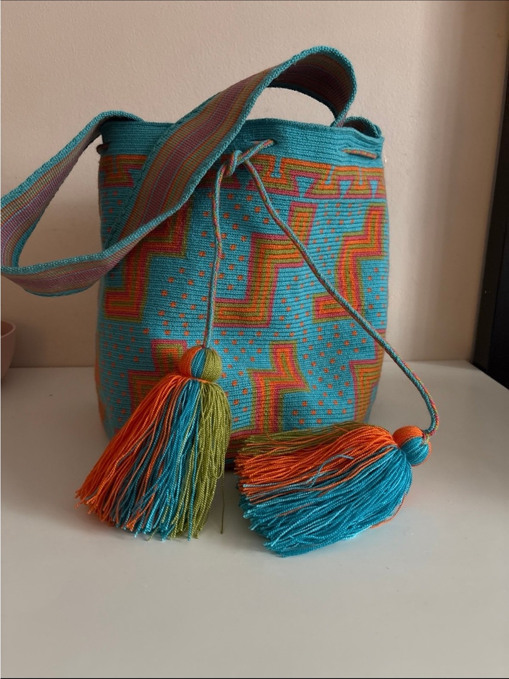 Handwoven Turquoise & Orange Bucket Shoulder Bag